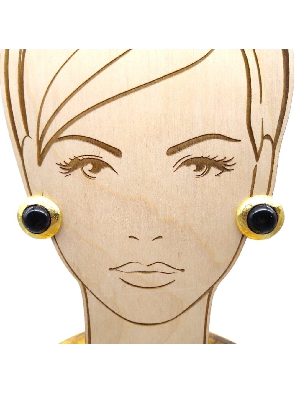Vintage REALM Chic Button Earrings, Hammered Gold Tone with Black Dome Clip On